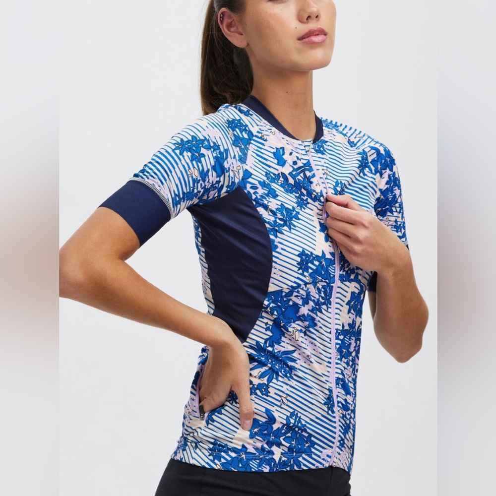 Sweaty Betty Cycling Short Sleeve Jersey Blue Floral Grid Print ~ Sizes: Various - Picture 5 of 14